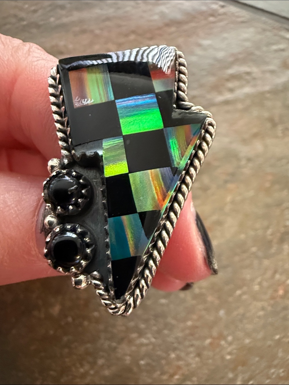 Sterling Silver Black Opal Inlay Bolt Statement Ring - Black & Iridescent - NEW!